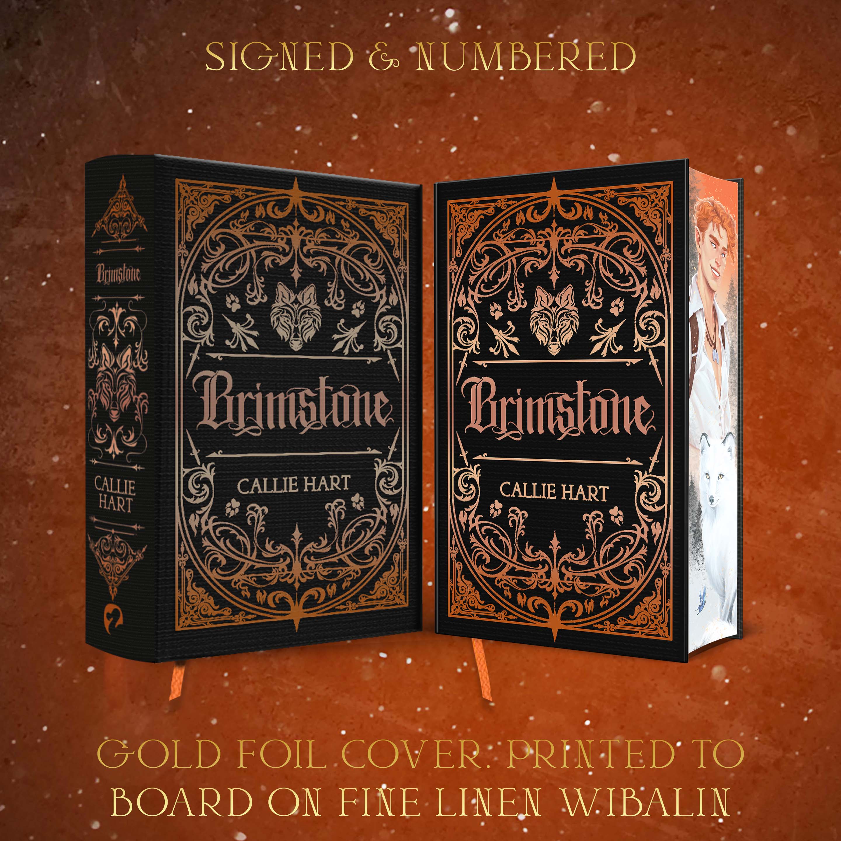 Pack shot of Brimstone, black boards with gold foil gothic design, sprayed edges showing Carrion and Onyx Character art